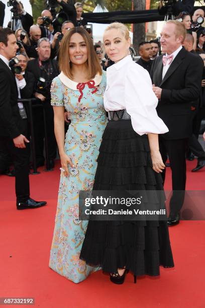 Salma Hayek and Emmanuelle Beart attend the 70th Anniversary screening during the 70th annual Cannes Film Festival at Palais des Festivals on May 23,...