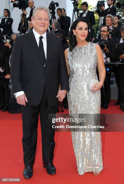 Al Gore and Elizabeth Keadle attend the 70th Anniversary screening during the 70th annual Cannes Film Festival at Palais des Festivals on May 23,...