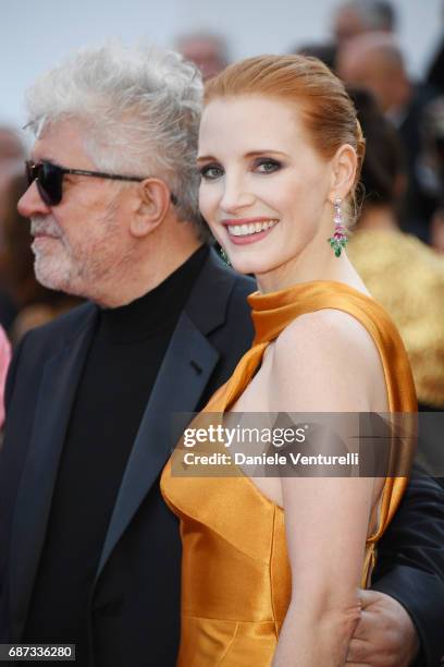Pedro Almodovar and Jessica Chastain attend the 70th Anniversary screening during the 70th annual Cannes Film Festival at Palais des Festivals on May...