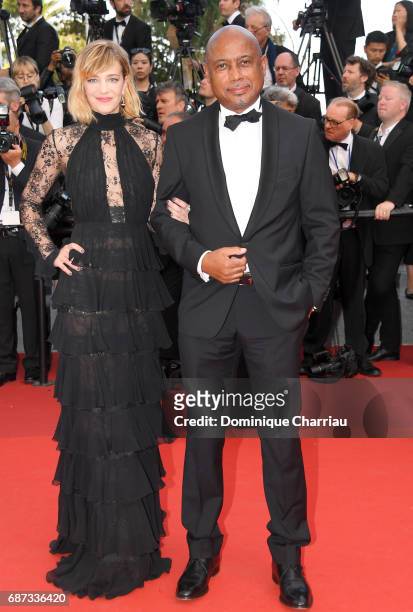 Celine Sallette and a guest attend the 70th Anniversary screening during the 70th annual Cannes Film Festival at Palais des Festivals on May 23, 2017...