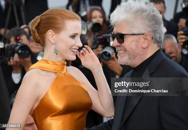 Jessica Chastain and Pedro Almodovar attend the 70th Anniversary screening during the 70th annual Cannes Film Festival at Palais des Festivals on May...