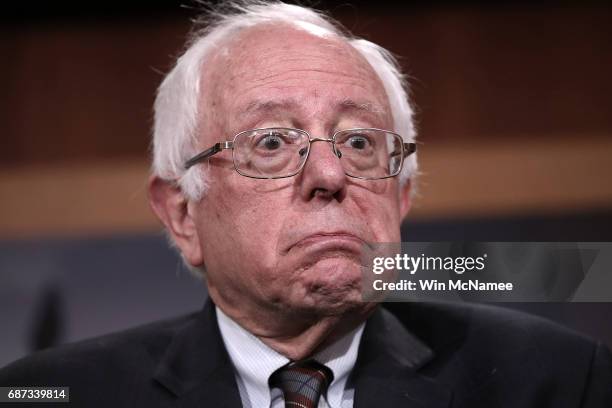 Sen. Bernie Sanders answers questions during a press conference at the U.S. Capitol May 23, 2017 in Washington, DC. Senate and House Democrats held...