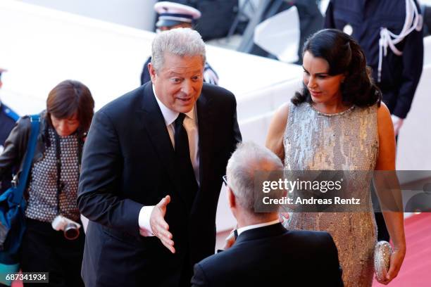 Al Gore and Elizabeth Keadle attend the 70th Anniversary screening during the 70th annual Cannes Film Festival at Palais des Festivals on May 23,...