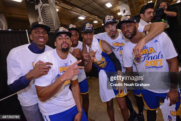 Kevon Looney, James Michael McAdoo, Damian Jones, Patrick McCaw, Shaun Livingston and Ian Clark of the Golden State Warriors pose for a photo after...