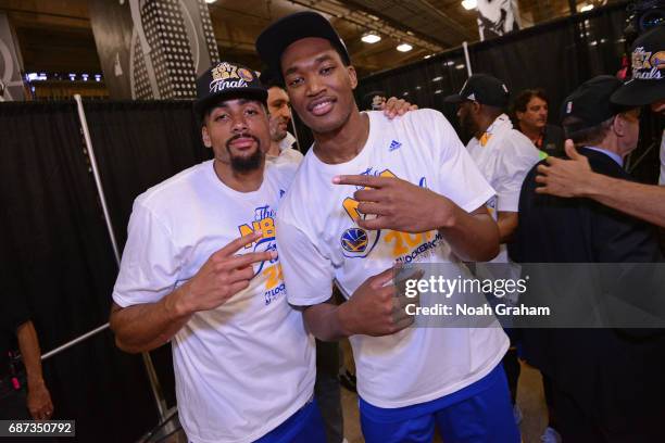 James Michael McAdoo and Damian Jones of the Golden State Warriors pose for a photo after winning Game Four of the Western Conference Finals against...