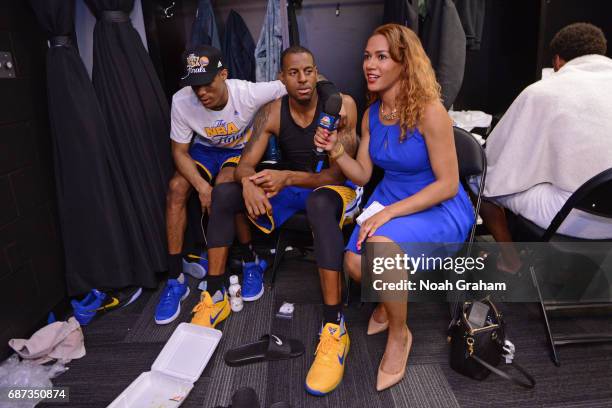 Golden State Warriors sideline reporter, Rosalyn Gold-Onwude interviews Patrick McCaw and Andre Iguodala of the Golden State Warriors after winning...