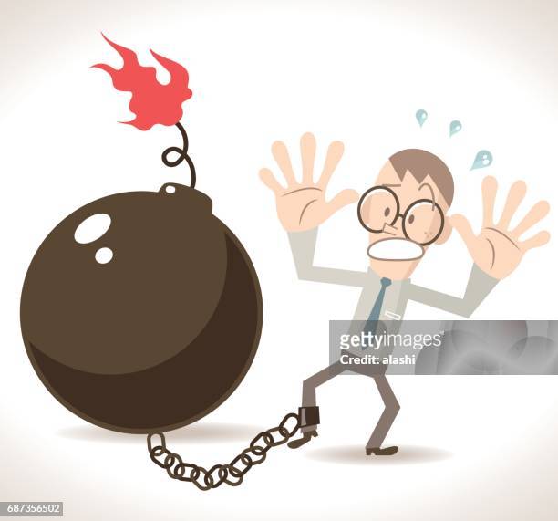 scared businessman (man) is locked in a big burning bomb (ball) and chain - flame emoji stock illustrations