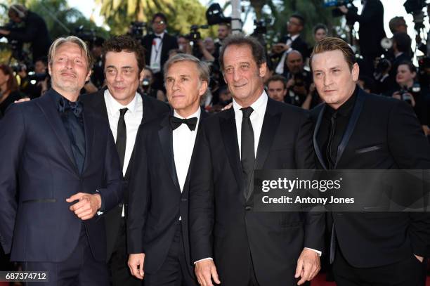 Mads Mikkelsen, Benicio del Toro, Christoph Waltz, Vincent Lindon and Benoit Magimel attend the 70th Anniversary screening during the 70th annual...