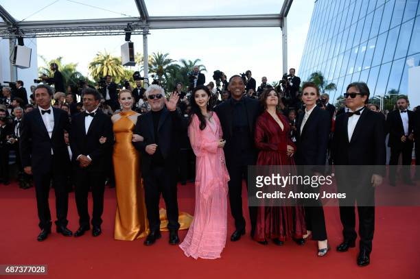 Jury members Paolo Sorrentino, Gabriel Yared and Jessica Chastain, President of the jury Pedro Almodovar and jury members Fan Bingbing, Will Smith,...