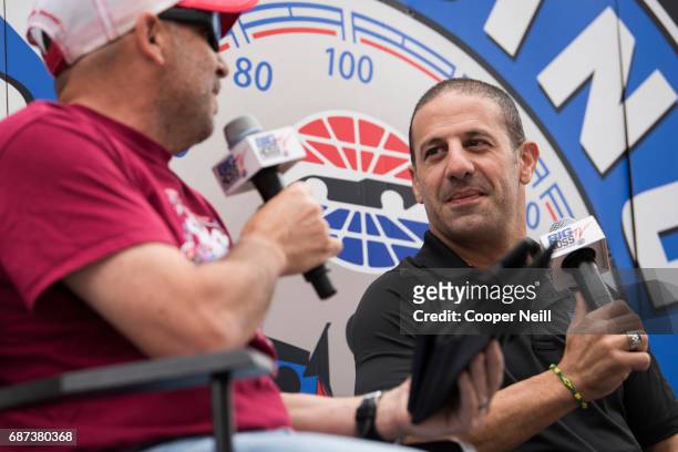 Tony Kanaan speaks to the students during the Speeding to Read Assembly at Texas Motor Speedway on May 23, 2017 in Fort Worth, Texas.