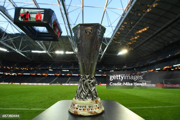 View of the UEFA Europa League trophy ahead of the UEFA Europa League Final between Ajax and Manchester United at Friends Arena on May 23, 2017 in...