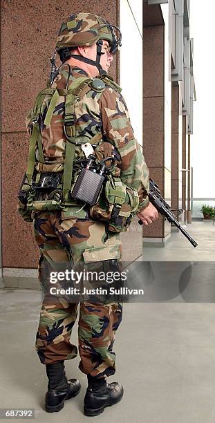 Army Sgt. Chris Augustine models the 0.6 Land Warrior System December 13, 2001 at the Homeland Security Expo in San Jose, CA. The Land System enables...