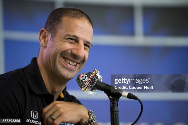 Tony Kanaan visits with the media after the Speeding to Read Assembly at Texas Motor Speedway on May 23, 2017 in Fort Worth, Texas.