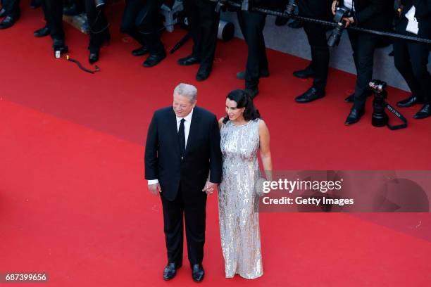 Al Gore and Elizabeth Keadle attend the 70th Anniversary screening during the 70th annual Cannes Film Festival at Palais des Festivals on May 23,...