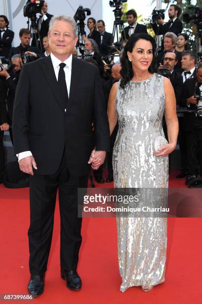 Al Gore and Elizabeth Keadle attend the 70th Anniversary screening during the 70th annual Cannes Film Festival at Palais des Festivals on May 23,...