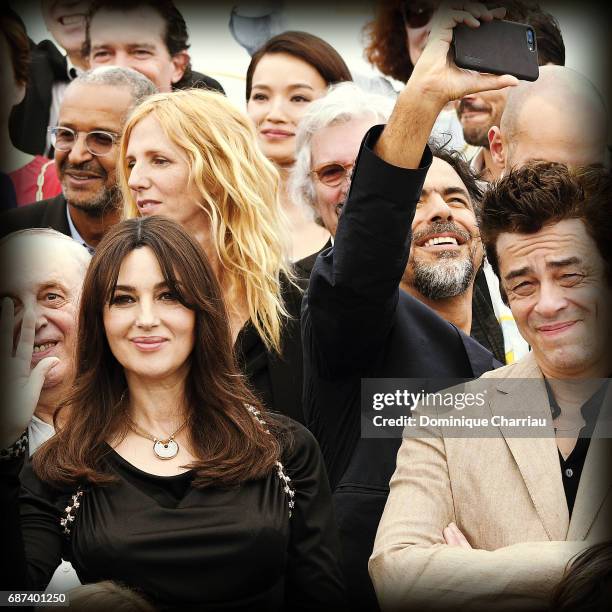 Monica Bellucci, Sandrine Kiberlain, Alejandro González Iñárritu, Benicio Del Toro and Elle Fanning attend the 70th Anniversary photocall during the...