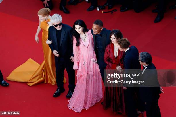 Jury member Jessica Chastain, President of the jury Pedro Almodovar and jury members Fan Bingbing, Will Smith, Agnes Jaoui, Maren Ade and Park...
