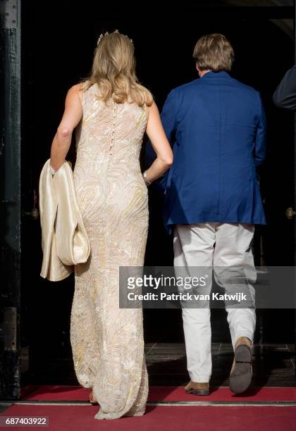 King Willem-Alexander and Queen Maxima of The Netherlands arrive for the gala dinner for the Corps Diplomatic at the Royal Palace on May 23, 2017 in...
