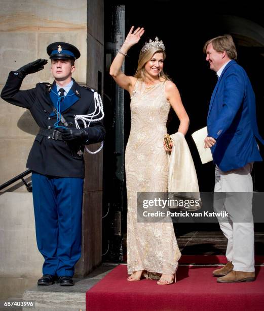 King Willem-Alexander and Queen Maxima of The Netherlands arrive for the gala dinner for the Corps Diplomatic at the Royal Palace on May 23, 2017 in...