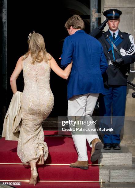 King Willem-Alexander and Queen Maxima of The Netherlands arrive for the gala dinner for the Corps Diplomatic at the Royal Palace on May 23, 2017 in...