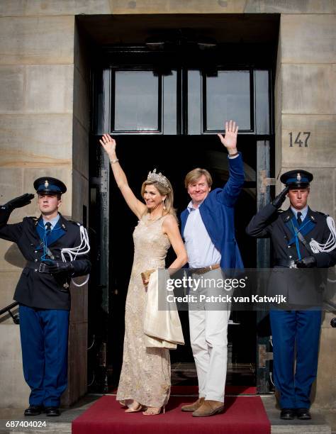 King Willem-Alexander and Queen Maxima of The Netherlands arrive for the gala dinner for the Corps Diplomatic at the Royal Palace on May 23, 2017 in...