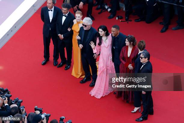 Jury members Paolo Sorrentino, Gabriel Yared and Jessica Chastain, President of the jury Pedro Almodovar and jury members Fan Bingbing, Will Smith,...