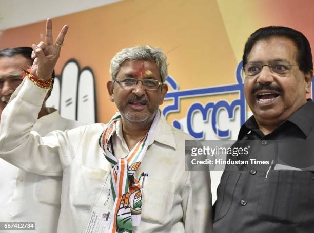 Congress leader Mukesh Goel wins the bypoll to Sarai Pipal ward in North Delhi Municipal Corporation seat at DPCC office on May 23, 2017 in New...