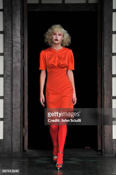 Model walks the runway at the Wolk Morais Collection 5 Fashion Show at Yamashiro on May 22, 2017 in Los Angeles, California.