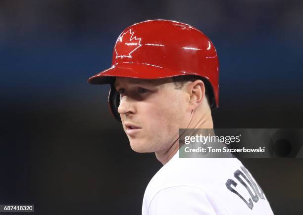 Chris Coghlan of the Toronto Blue Jays looks on in the eighth inning during MLB game action against the Seattle Mariners at Rogers Centre on May 14,...