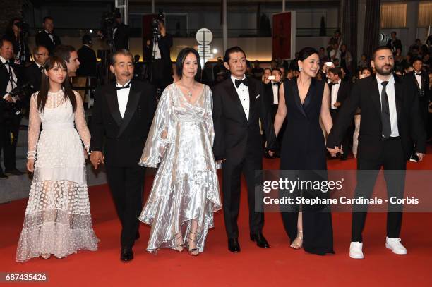 Ayame Misaki, Tatsuya Fuji, director Naomi Kawase, Asatoshi Nagase, Misuzu Kanno and Ibrahim Maalouf attend the "Hikari " screening during the 70th...