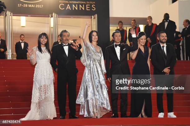 Ayame Misaki, Tatsuya Fuji, director Naomi Kawase, Asatoshi Nagase, Misuzu Kanno and Ibrahim Maalouf attend the "Hikari " screening during the 70th...