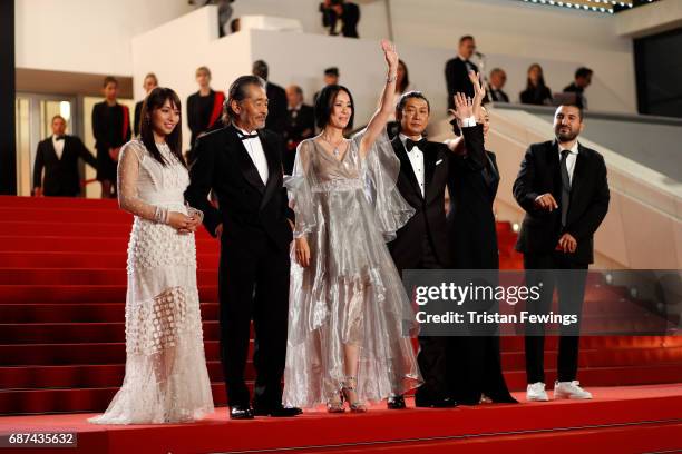 Ayame Misaki, Tatsuya Fuji, director Naomi Kawase, Asatoshi Nagase, Misuzu Kanno and Ibrahim Maalouf attend the "Hikari " screening during the 70th...