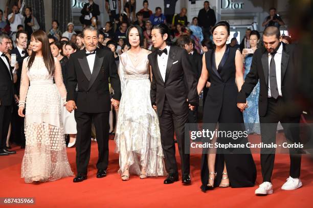 Ayame Misaki, Tatsuya Fuji, director Naomi Kawase, Asatoshi Nagase, Misuzu Kanno and Ibrahim Maalouf attend the "Hikari " screening during the 70th...