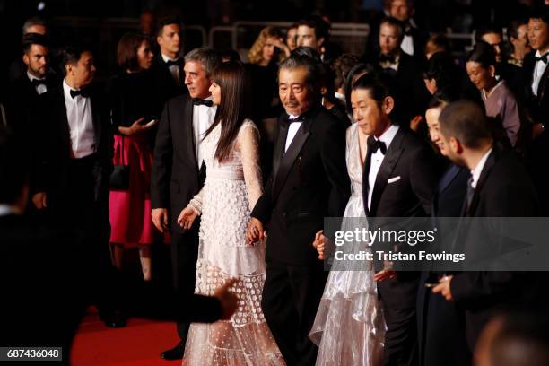 Tatsuya Fuji, director Naomi Kawase, Asatoshi Nagase, Misuzu Kanno and Ibrahim Maalouf attend the "Hikari " screening during the 70th annual Cannes...