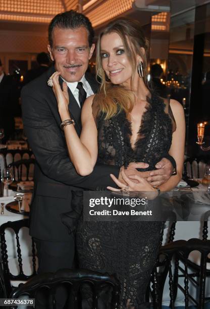 Antonio Banderas and Nicole Kimpel attend the de Grisogono "Love On The Rocks" party during the 70th annual Cannes Film Festival at Hotel du...