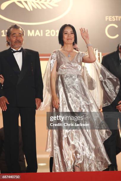 Tatsuya Fuji and director Naomi Kawase attend the "Hikari " screening during the 70th annual Cannes Film Festival at Palais des Festivals on May 23,...