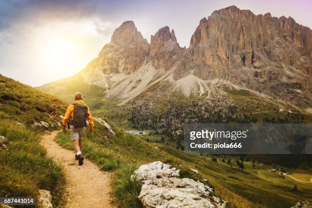 sentiero dell'uomo anziano che escursioni in alta montagna - escursionismo foto e immagini stock
