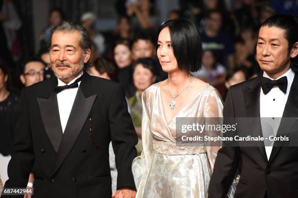 Tatsuya Fuji, director Naomi Kawase and Asatoshi Nagase attend the "Hikari " screening during the 70th annual Cannes Film Festival at Palais des...