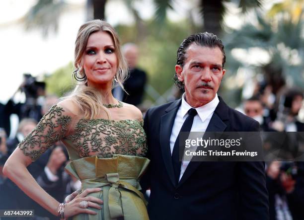 Nicole Kimpel and actor Antonio Banderas attend the 70th Anniversary of the 70th annual Cannes Film Festival at Palais des Festivals on May 23, 2017...