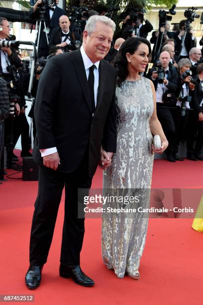 Al Gore and Elizabeth Keadle attend the 70th Anniversary of the 70th annual Cannes Film Festival at Palais des Festivals on May 23, 2017 in Cannes,...