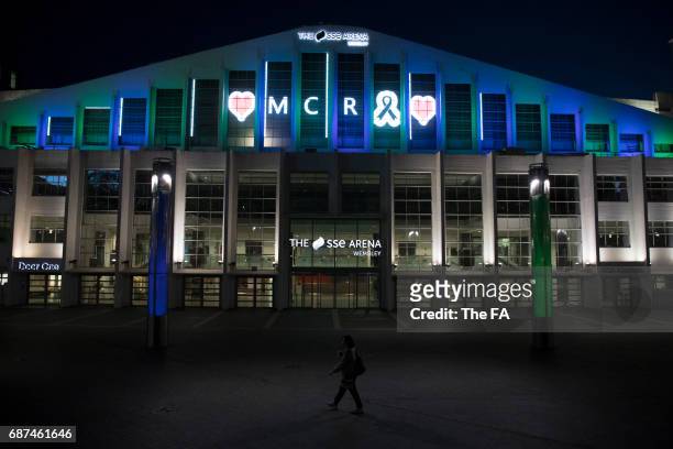 The SSE Arena Wembley Lights up in tribute to the victims of the Manchester attacks at Wembley on May 23, 2017 in London, England.