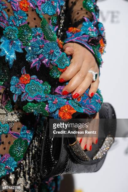 Haifa Wehbe, ring detail, attends the DeGrisogono "Love On The Rocks" during the 70th annual Cannes Film Festival at Hotel du Cap-Eden-Roc on May 23,...