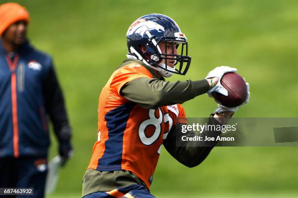 Tight end Jeff Heuerman of the Denver Broncos making a catch during the first week of OTAs at the UCHealth Training Center. May 23, 2017 in...