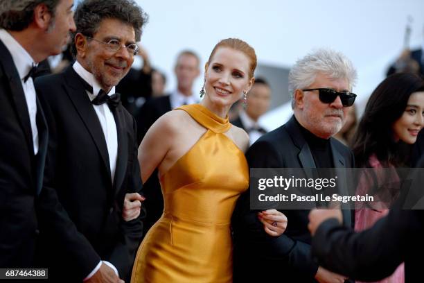 Jury members Paolo Sorrentino, Gabriel Yared, Jessica Chastain, President of the jury Pedro Almodovar and Fan Bingbing attend the 70th Anniversary of...