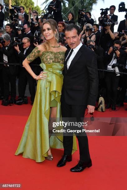 Nicole Kimpel and Antonio Banderas attend the 70th Anniversary screening during the 70th annual Cannes Film Festival at Palais des Festivals on May...