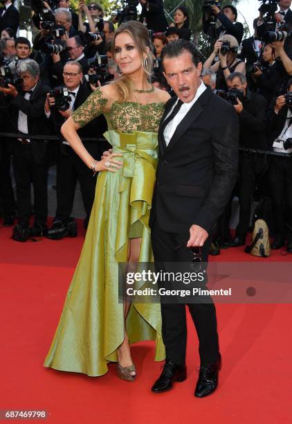 Nicole Kimpel and Antonio Banderas attend the 70th Anniversary screening during the 70th annual Cannes Film Festival at Palais des Festivals on May...