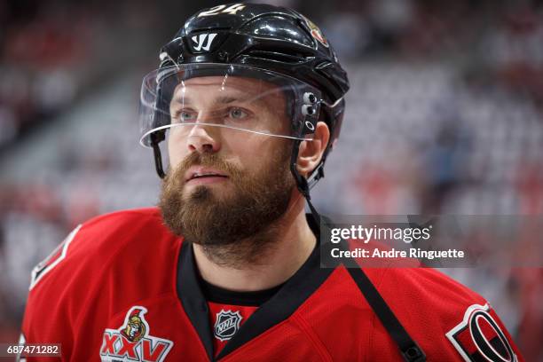 Viktor Stalberg of the Ottawa Senators looks on during warmup prior to playing against the Pittsburgh Penguins in Game Six of the Eastern Conference...