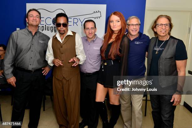 Morris Day, Singer Kendra Erika and Richie Supa, songwriter/guitarist of Aerosmiths pose for picture after a unplugged performance with inspirational...