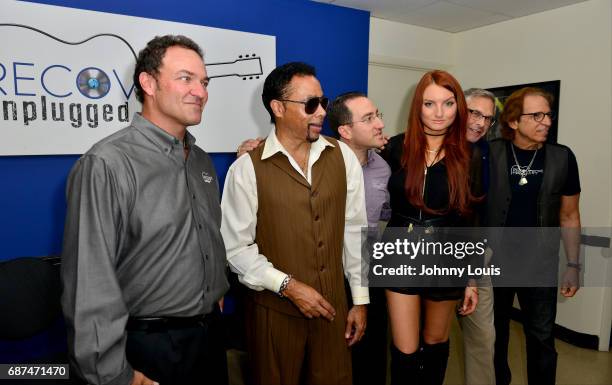 Morris Day, Singer Kendra Erika and Richie Supa, songwriter/guitarist of Aerosmiths pose for picture after a unplugged performance with inspirational...