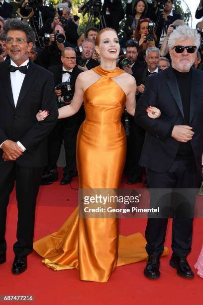 Jury member Gabriel Yared, Jessica Chastain and President of the jury Pedro Almodovar attend the 70th Anniversary screening during the 70th annual...